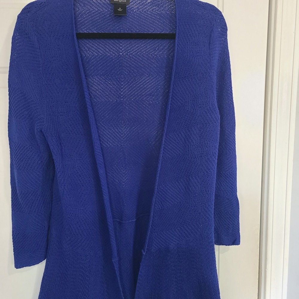 Women's Sweater-ANN TAYLOR-Royal Blue Stretch Open Lightweight Cardigan Medium - Picture 8 of 12